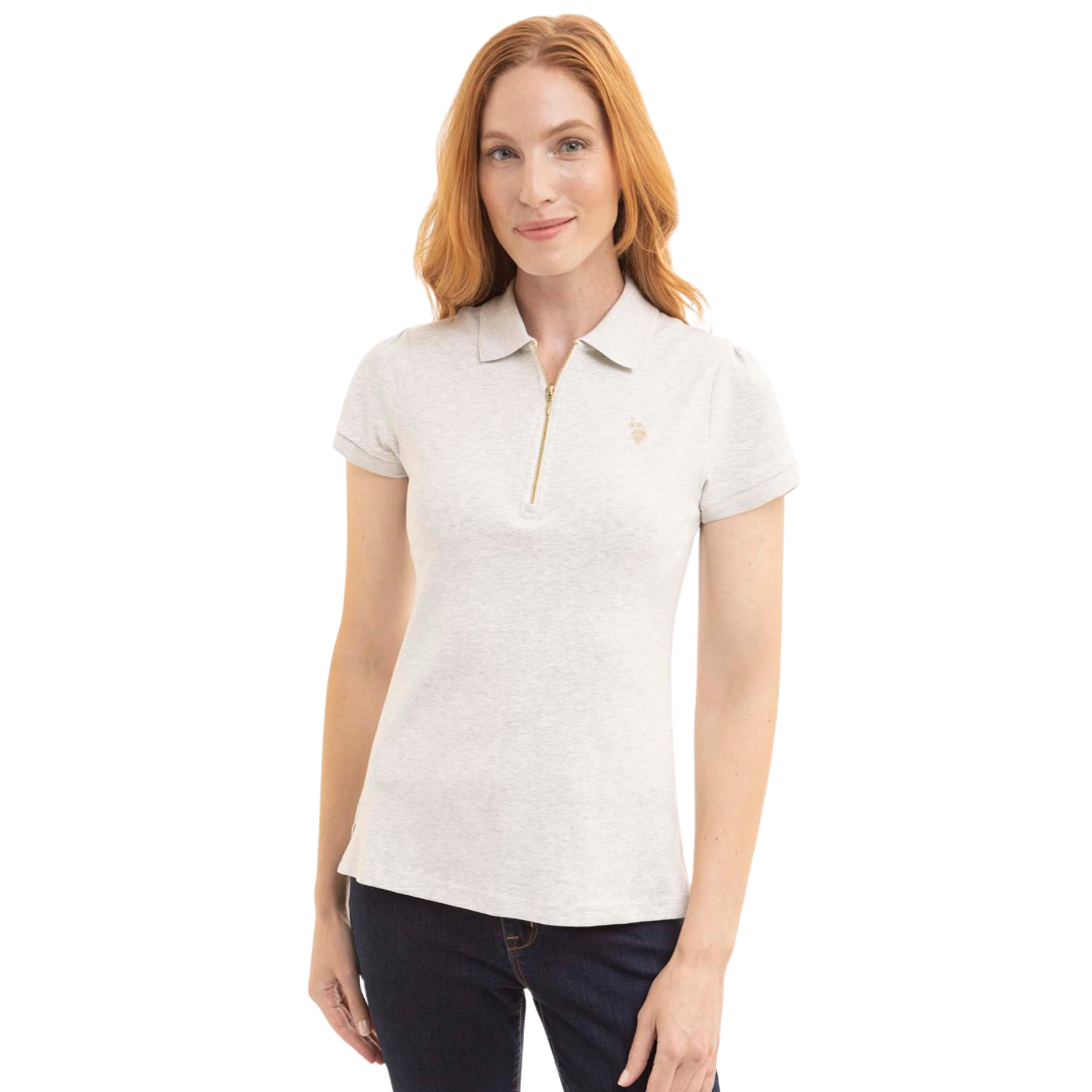 Chemise Polo Gris Claro Jaspeado con Cierre Dorado Para Mujer