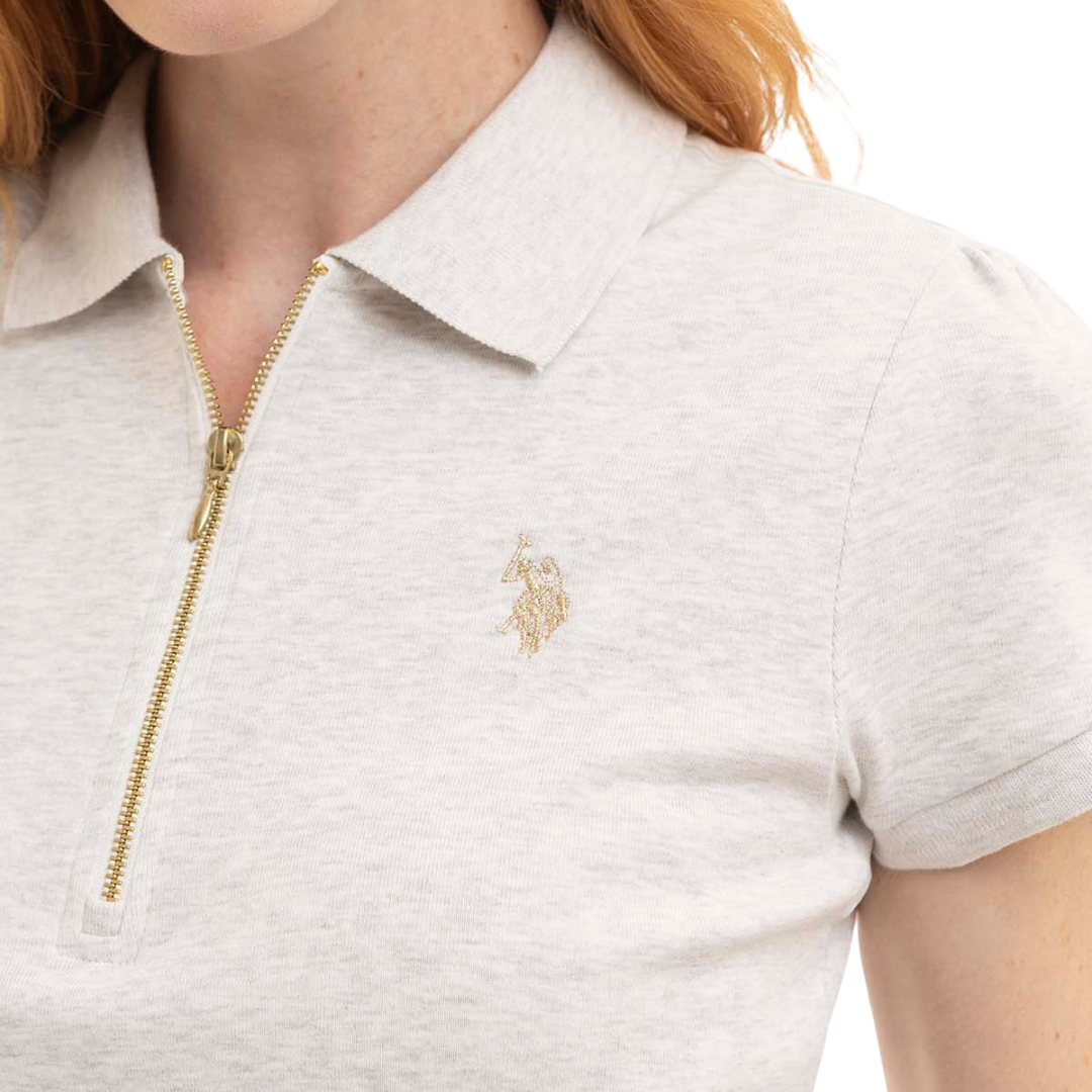 Chemise Polo Gris Claro Jaspeado con Cierre Dorado Para Mujer