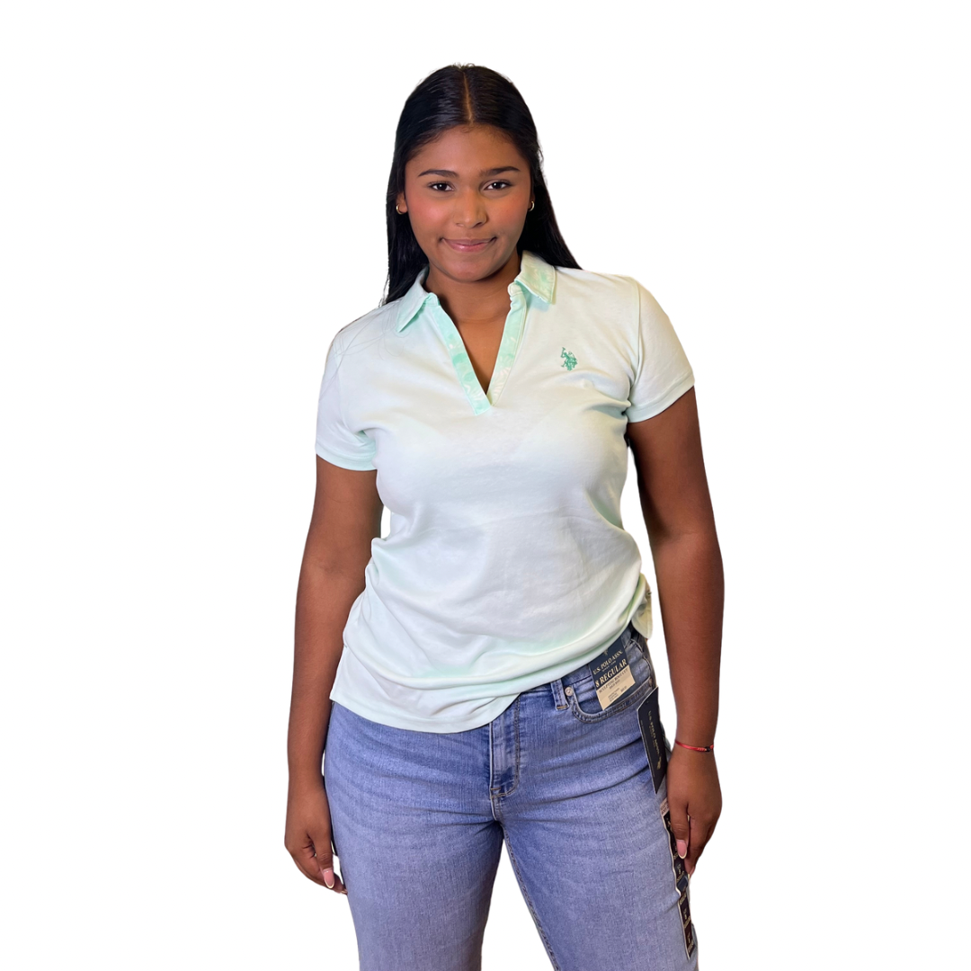 Chemise Polo Cuello en V Verde Claro Floral Para Mujer