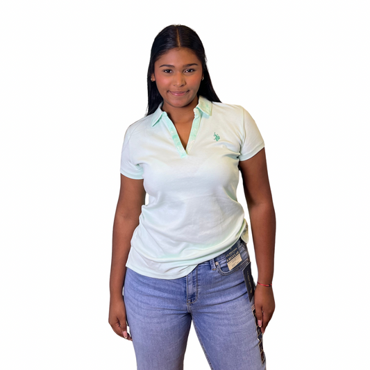 Chemise Polo Cuello en V Verde Claro Floral Para Mujer