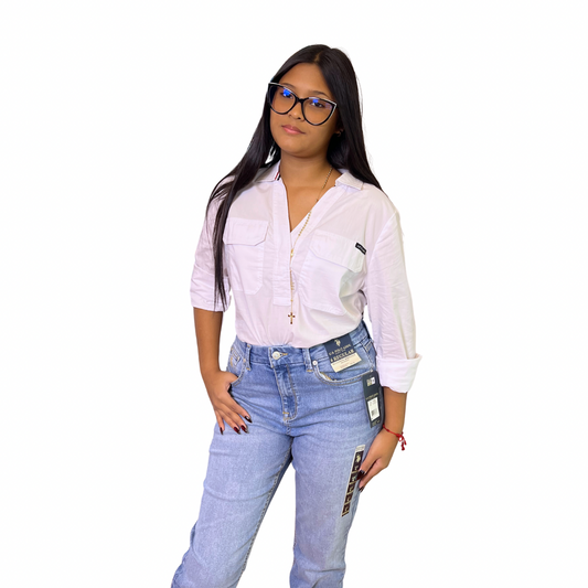 Camisa Casual Polo Manga Larga con Bolsillos Color Blanco Para Mujer
