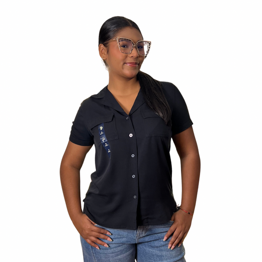 Camisa Casual Polo Manga Corta Con Botones Color Negro Para Mujer