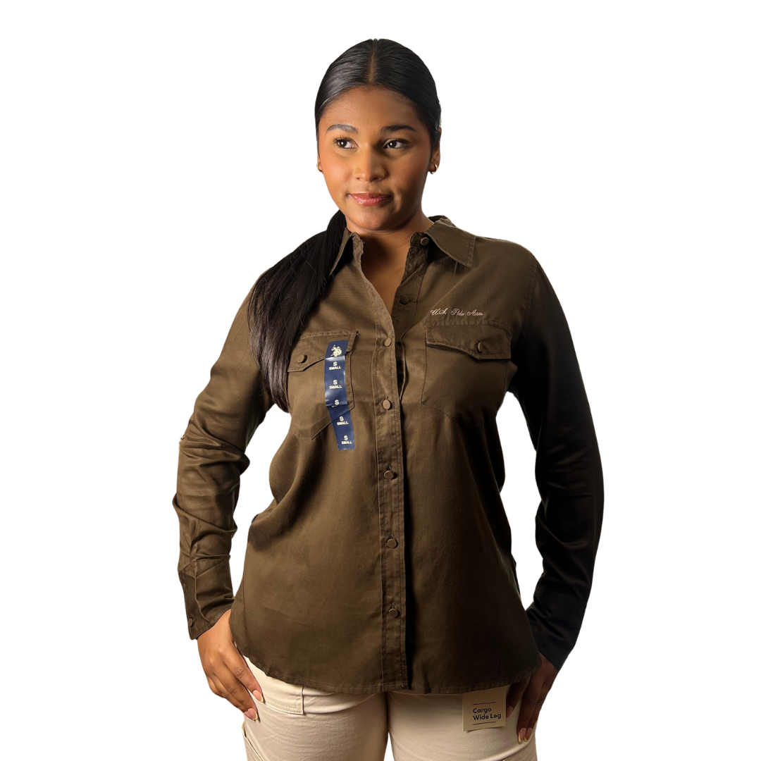 Camisa Casual Polo Manga Larga Con Botones Color Marrón Para Mujer