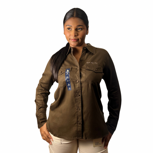 Camisa Casual Polo Manga Larga Con Botones Color Marrón Para Mujer