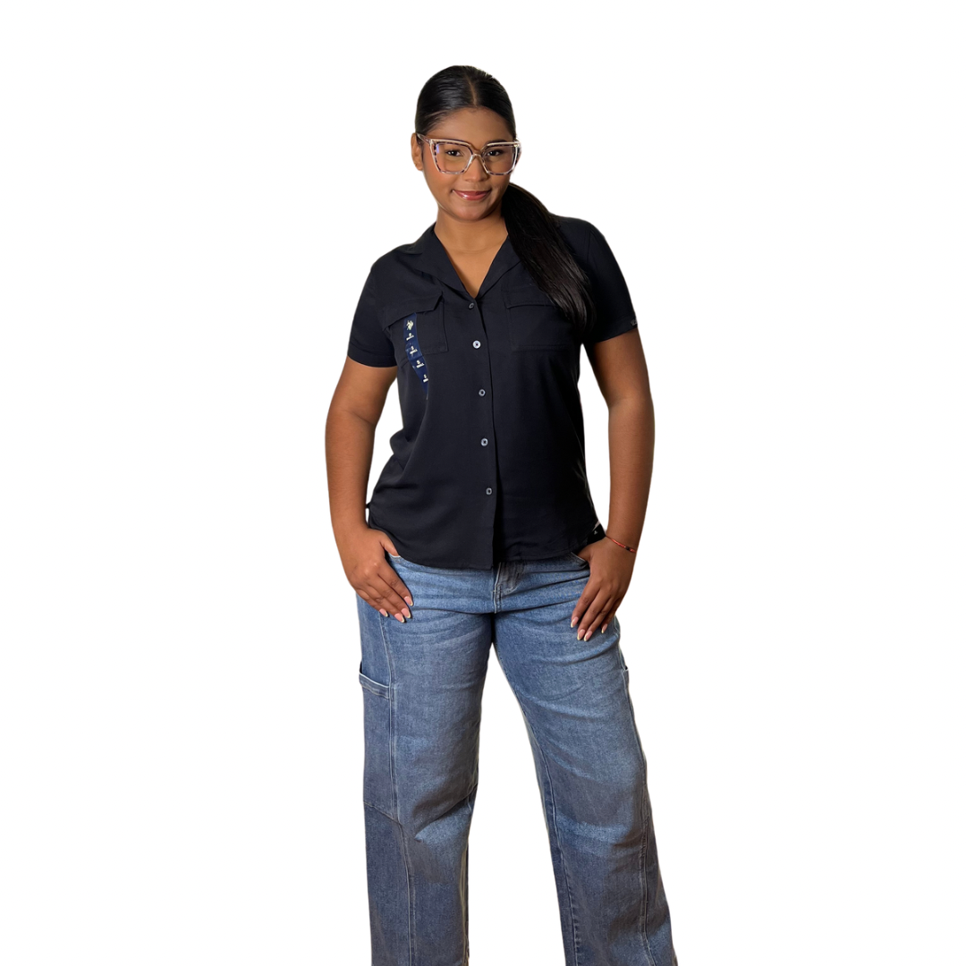 Camisa Casual Polo Manga Corta Con Botones Color Negro Para Mujer