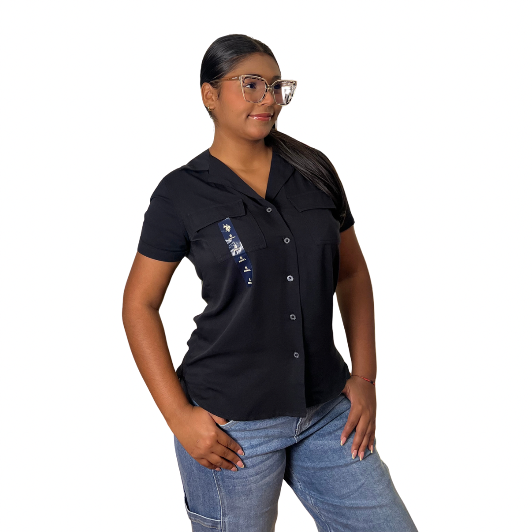 Camisa Casual Polo Manga Corta Con Botones Color Negro Para Mujer