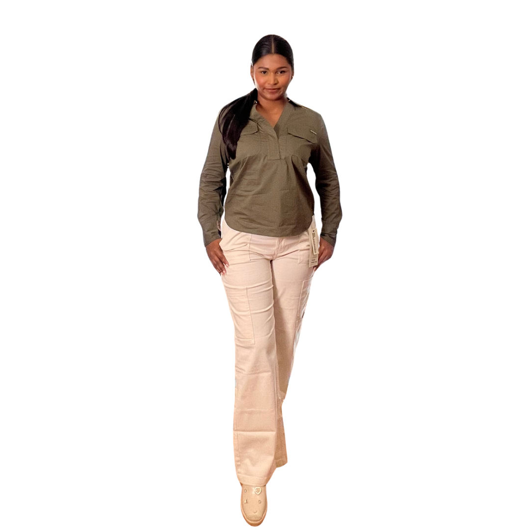 Camisa Casual Polo Manga Larga con Bolsillos Color Verde Militar Para Mujer